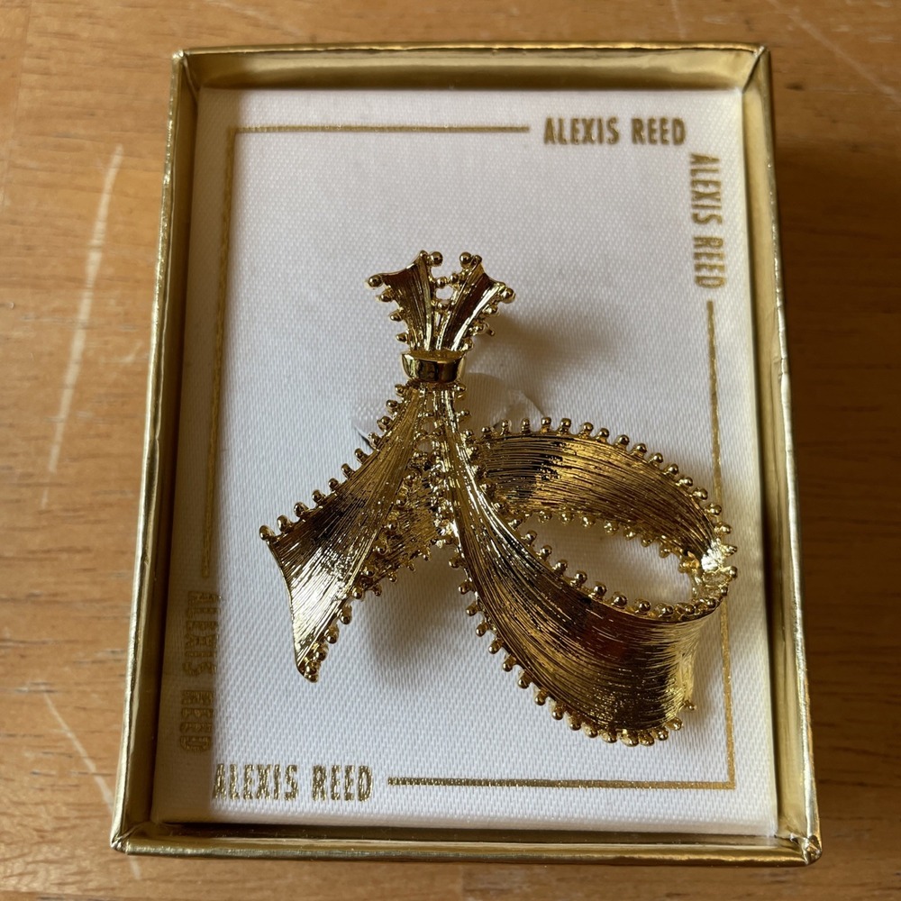 1960's Vintage Light Gold Textured Ribbon Crystal Rhinestone Alexis Reed Brooch